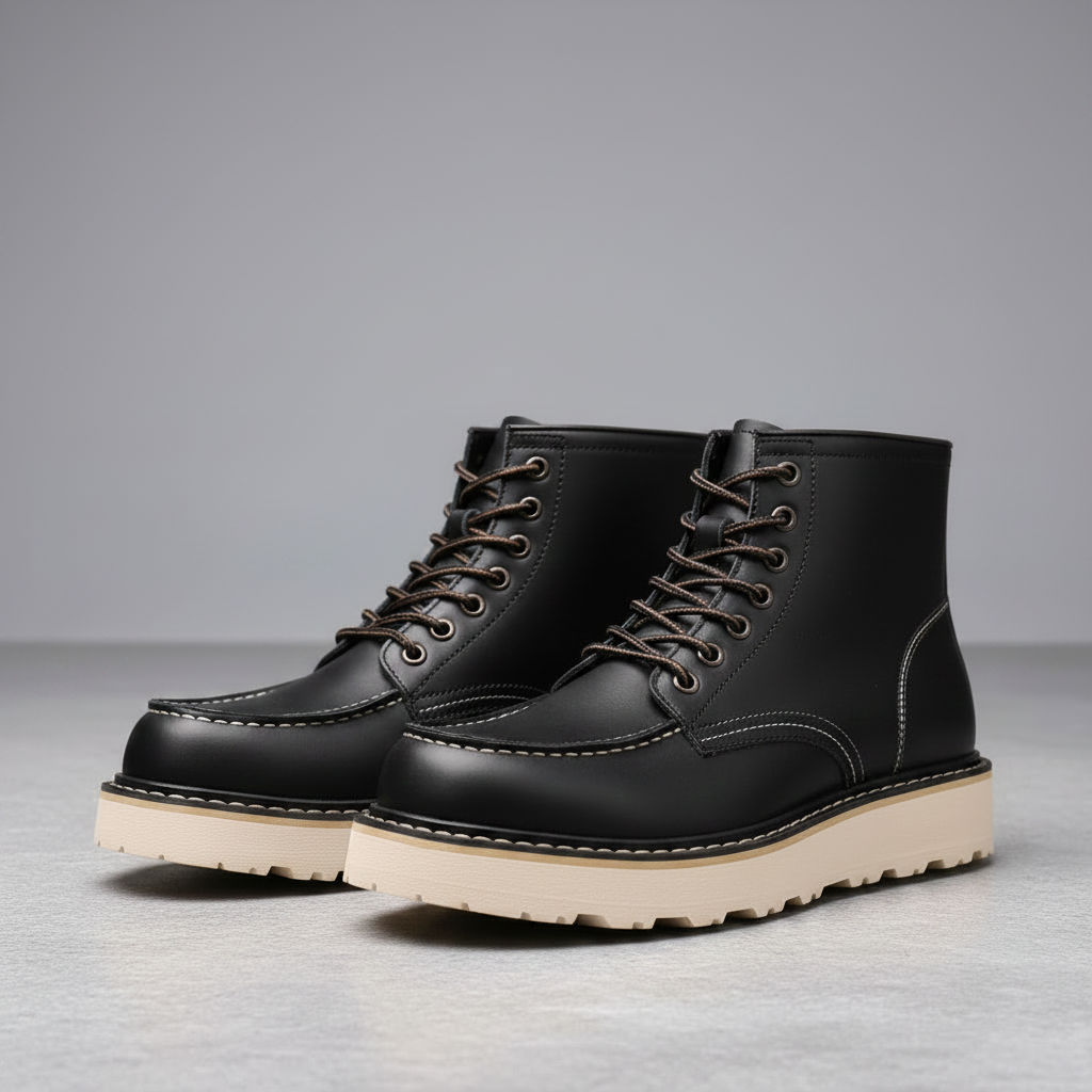 Schwarze Herren Stiefel Leder | Schnürstiefeletten mit Dicke Sohle