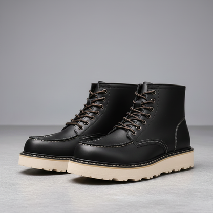 Schwarze Herren Stiefel Leder | Schnürstiefeletten mit Dicke Sohle