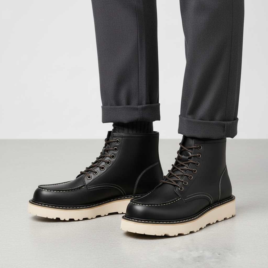 Schwarze Herren Stiefel Leder | Schnürstiefeletten mit Dicke Sohle