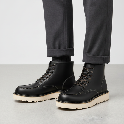 Schwarze Herren Stiefel Leder | Schnürstiefeletten mit Dicke Sohle