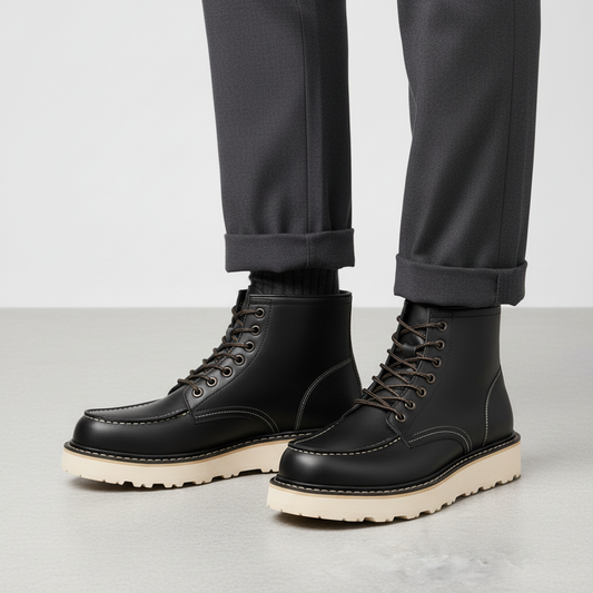 Schwarze Herren Stiefel Leder | Schnürstiefeletten mit Dicke Sohle