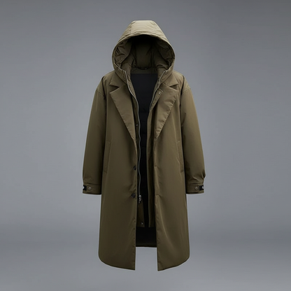 Wasserdichter Herrenmantel Lang mit Kapuze | Puffer-Trenchcoat