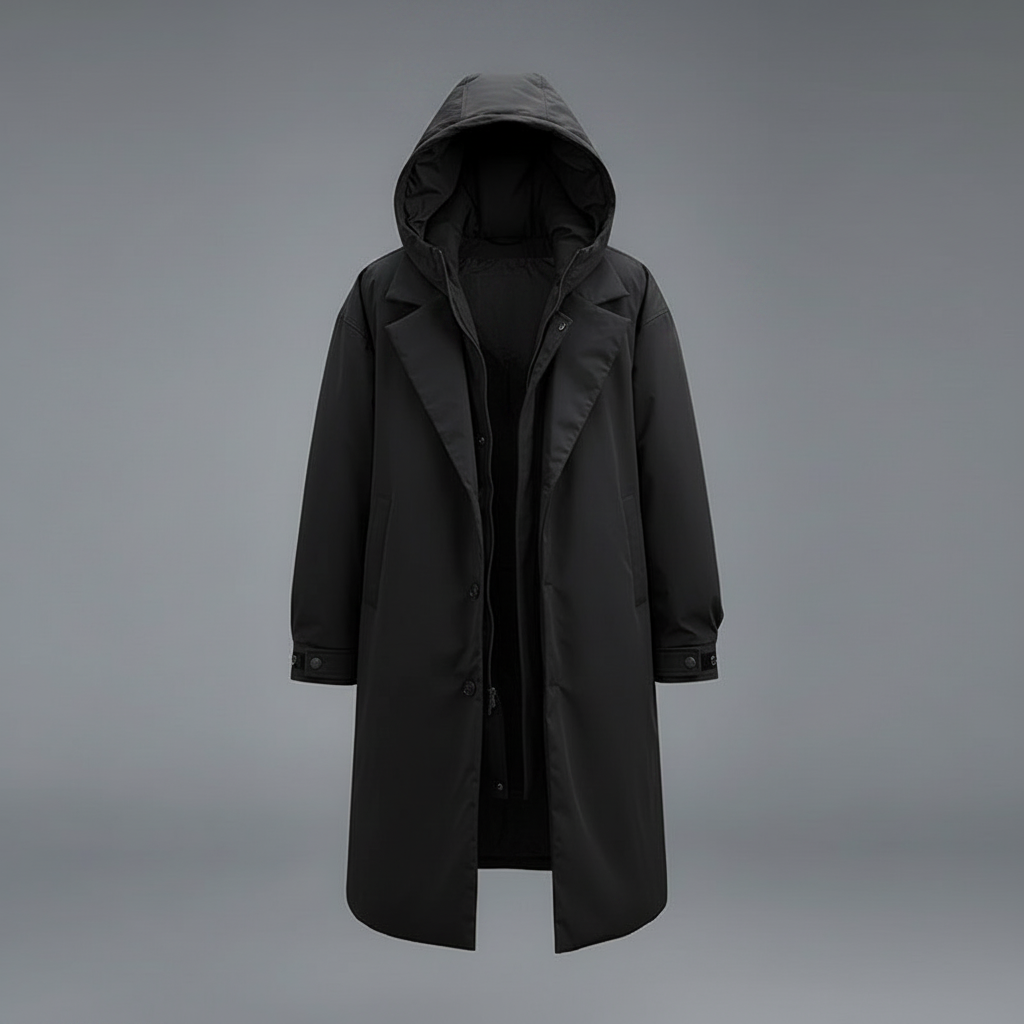 Wasserdichter Herrenmantel Lang mit Kapuze | Puffer-Trenchcoat