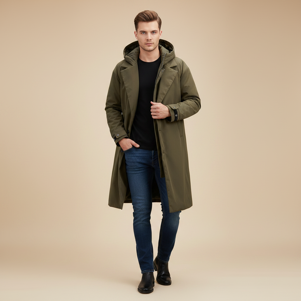 Wasserdichter Herrenmantel Lang mit Kapuze | Puffer-Trenchcoat