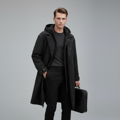 Wasserdichter Herrenmantel Lang mit Kapuze | Puffer-Trenchcoat