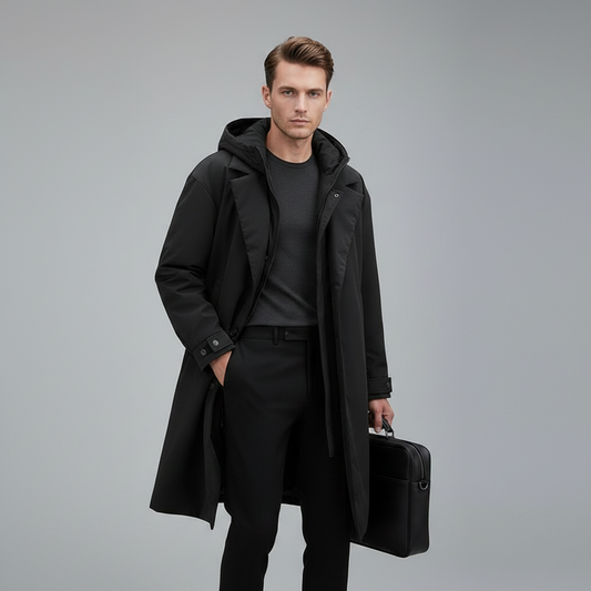 Wasserdichter Herrenmantel Lang mit Kapuze | Puffer-Trenchcoat